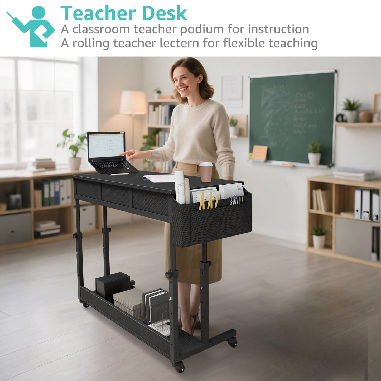 Rolling Standing Desk Adjustable Height with Drawers, 40 Inch Mobile Stand Up Portable Teacher Desks on Wheels for Classroom, Couch Sofa Side Laptop Table with Storage for Bedroom Home Office, Black
