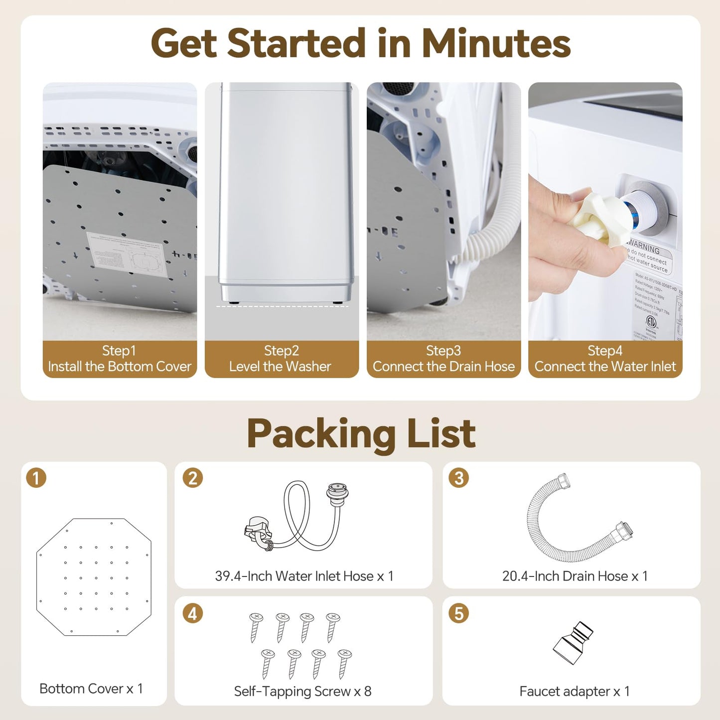 NEWBULIG 1.06 Cu.Ft. Portable Washing Machine, 7.7LBS Full-Automatic Laundry Washer with Stainless Steel Drum, 10 Wash Cycles & Auto-Balance, Compact Washer for Apartment RV Dorm Camping, White