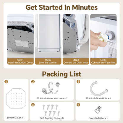 NEWBULIG 1.06 Cu.Ft. Portable Washing Machine, 7.7LBS Full-Automatic Laundry Washer with Stainless Steel Drum, 10 Wash Cycles & Auto-Balance, Compact Washer for Apartment RV Dorm Camping, White