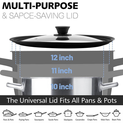 Anaeat Silicone Universal Lid for Pots, Pans and Skillets - Tempered Glass Covered with Heat Resistant Silicone Rim Fits 10", 11" and 12" Diameter Cookware -Easy to Use Replacement Frying Pan Cover