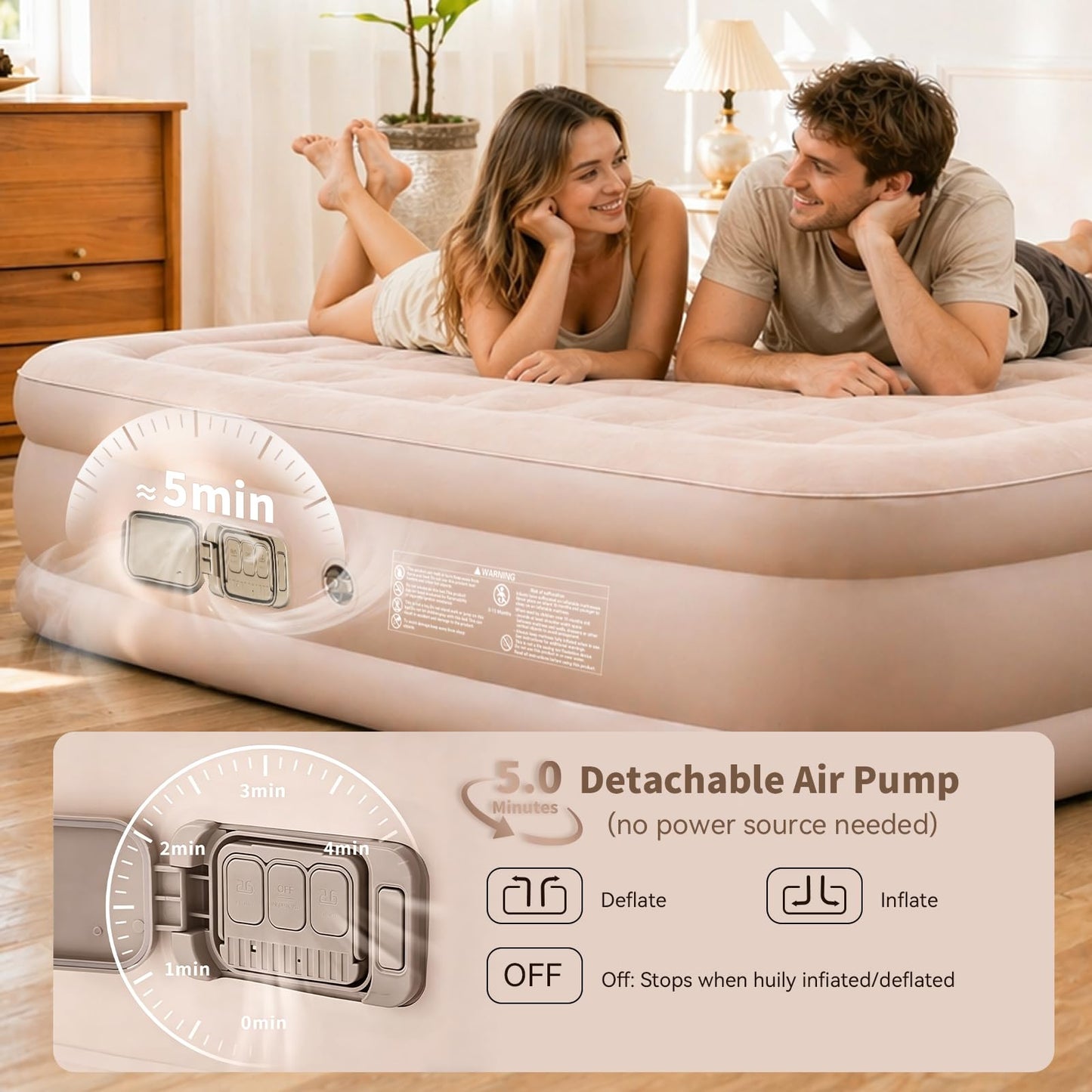 H&W Camping Air Mattress Queen Size, 16" Elevated Blow Up Bed with Detachable Rechargeable Pump, 900lbs Heavy Duty Inflatable Mattress, Cordless Flocked Airbed for Camping, Guests & Home