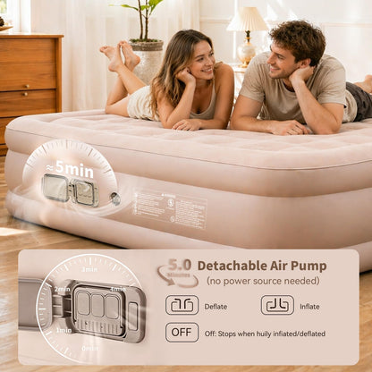 H&W Camping Air Mattress Queen Size, 16" Elevated Blow Up Bed with Detachable Rechargeable Pump, 900lbs Heavy Duty Inflatable Mattress, Cordless Flocked Airbed for Camping, Guests & Home