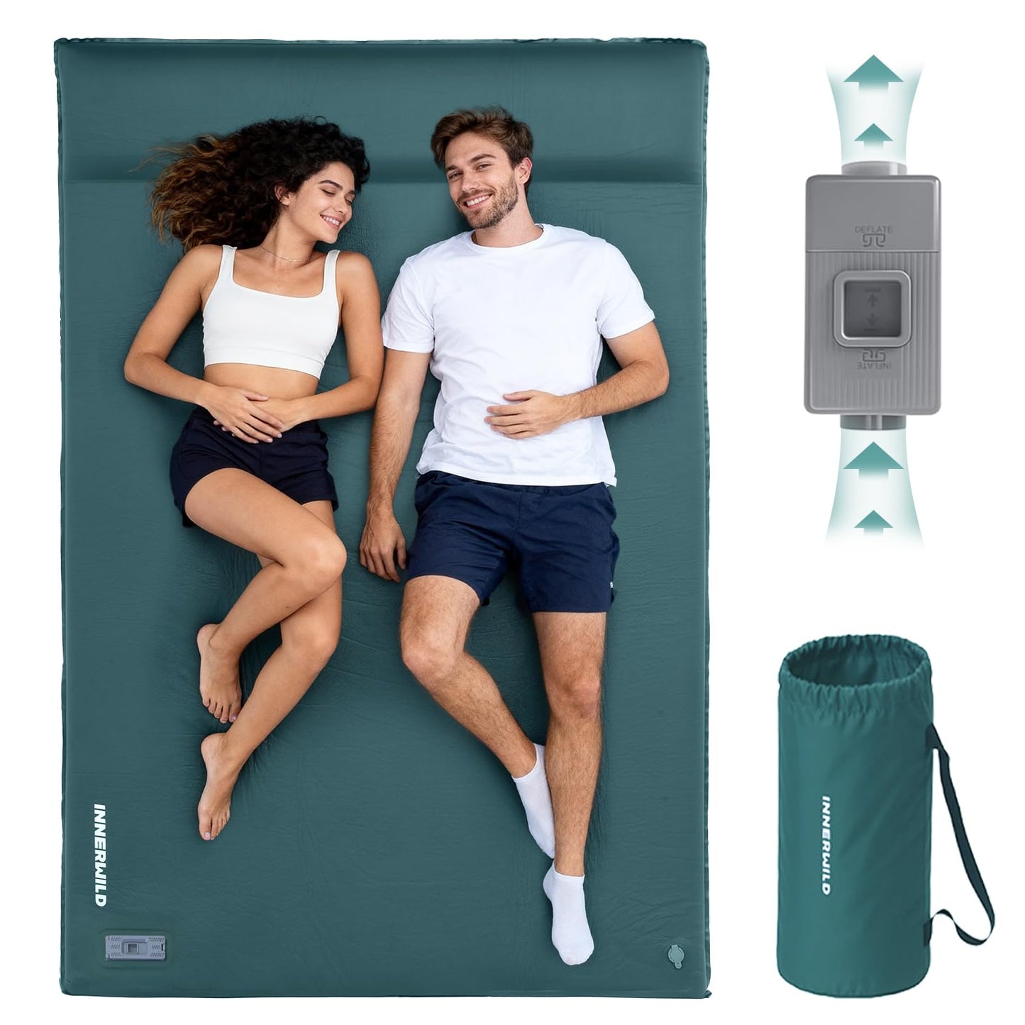 INNERWILD Double Camping Sleeping Pad with Electric Pump, 3.15" Thick 2 Person Self Inflating Memory Foam Mattress Pad with Pillow, Portable Sleeping Mat for Travel, Car, Tent- Dark Green, Full Size