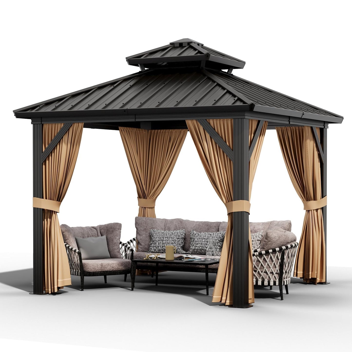 10x10 ft Hardtop Gazebo with Galvanized Steel Double Roof, Heavy Duty Galvanised Steel Hardtop Pavilion with Nettings and Curtains for Party, Wedding, Outdoor Dining, Patio, Backyard