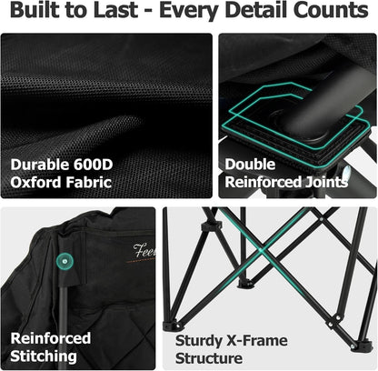 Overmont Oversized XL Camping Chair for Adults - 500lbs Support Heavy-Duty Padded Folding Chair with Side Pocket Cup Holder Cooling Bag for Outdoor Sports Garden Beach Fishing Lawn Black 2pcs