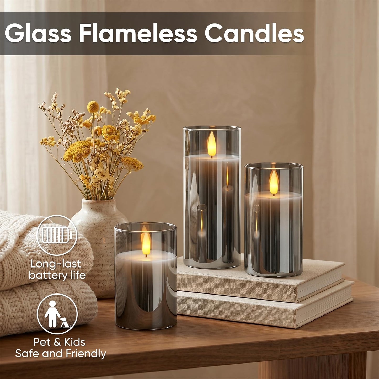 5plots Glass Battery Operated Grey Flameless Candles with Remote Timer, 3D Wick Real Wax Pillar Led Candles Warm Flickering Light for Indoor Home, Halloween, Christmas Decor D3 x H4 5" 6"