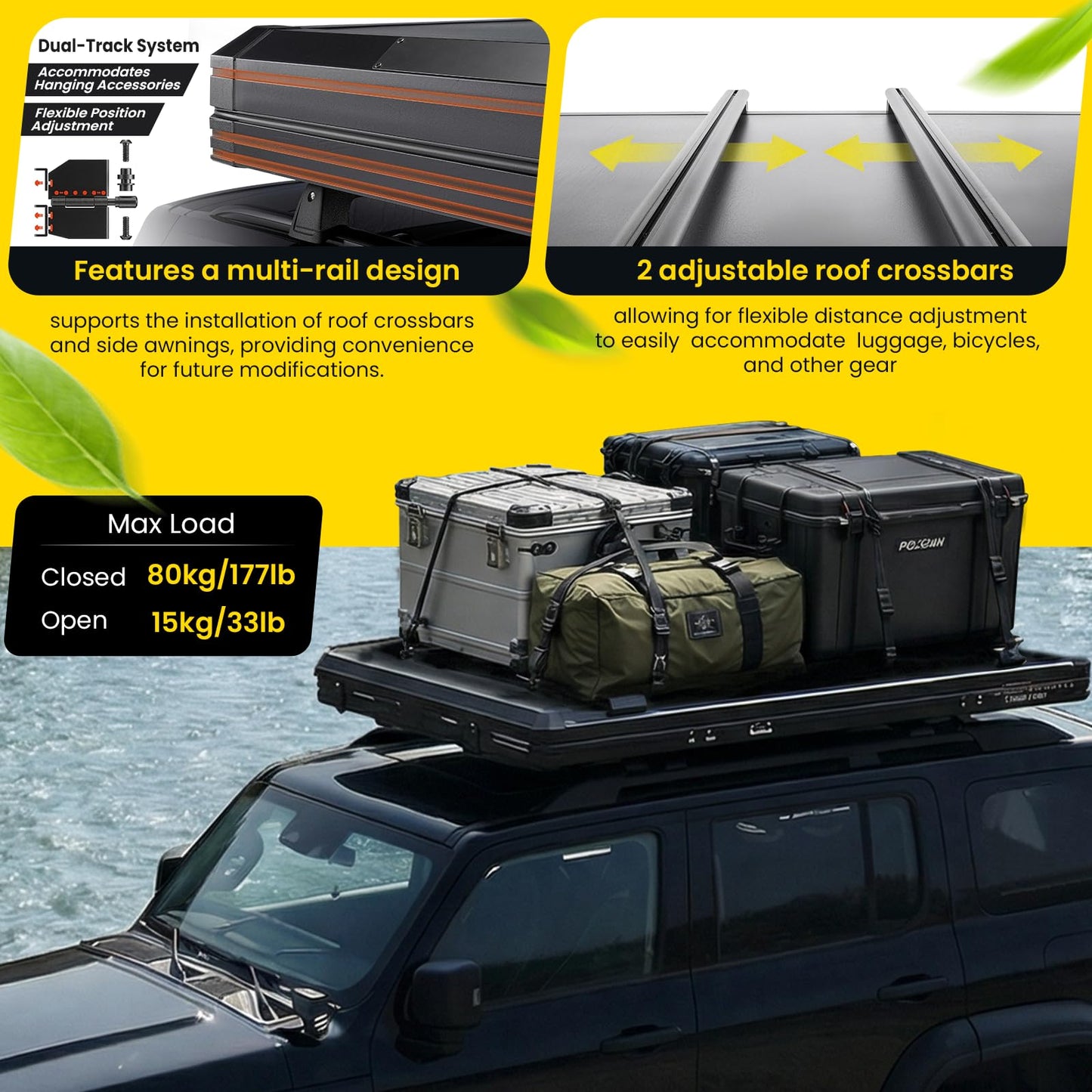 JIADROOE Hard Shell Roof Top Tent with Adjustable Crossbars, 4-Season Waterproof Pop-up Tent with Detachable Thermal Insulation Liner, Anti-Condensation Mat & USB Power Hub for Trucks, SUVs, Vans