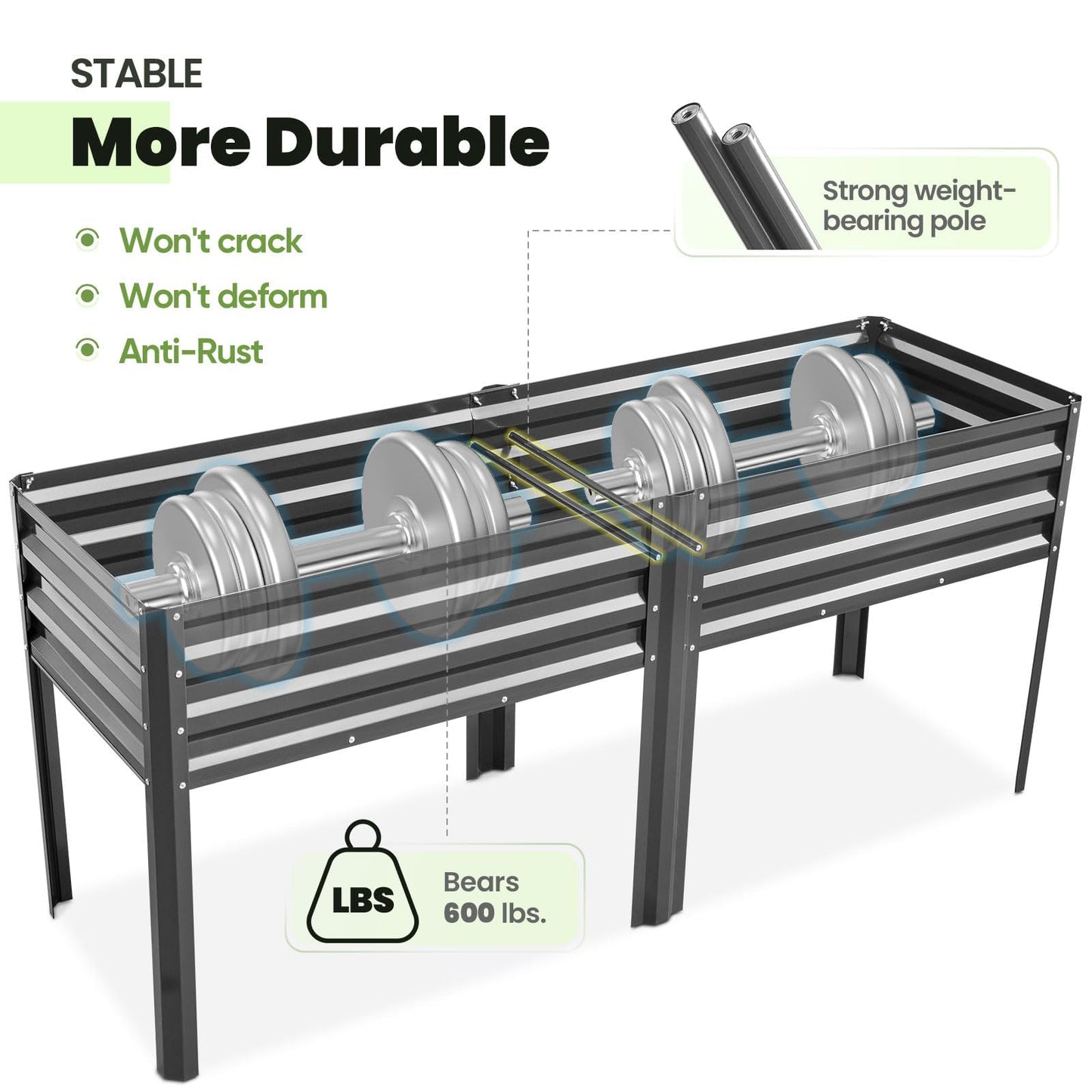 KING BIRD Raised Garden Bed with Irrigation System and Legs Galvanized Elevated Planter Box for Backyard, Patio, Balcony, 600lb Capacity, Dark Grey, 70.9x22.8x31.5 in