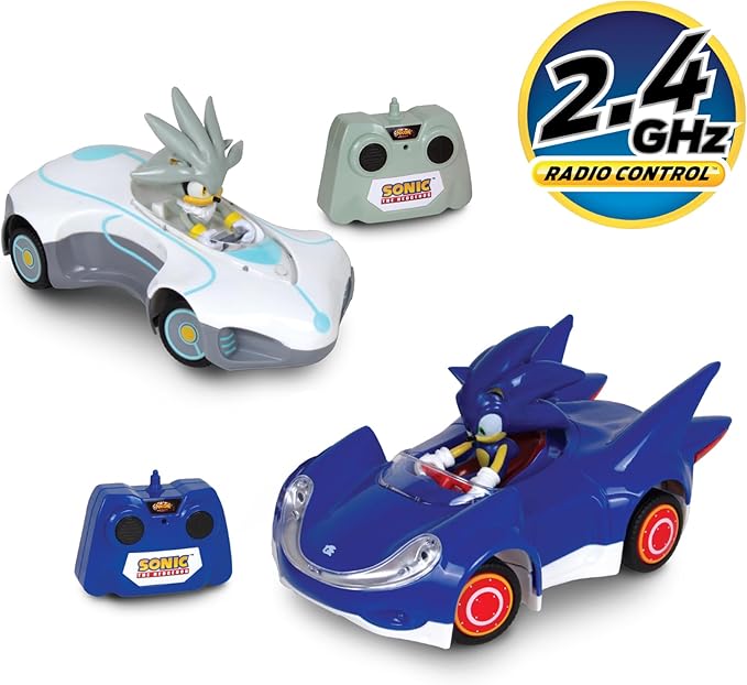 NKOK 1/28 Scale 2.4GHz RC Sonic 2PK RC Sonic &amp Silver Officially Licensed Full Function Radio Control Detailed 6.5” Vehicle and Character Grippy Tires Adjustable Front Wheels