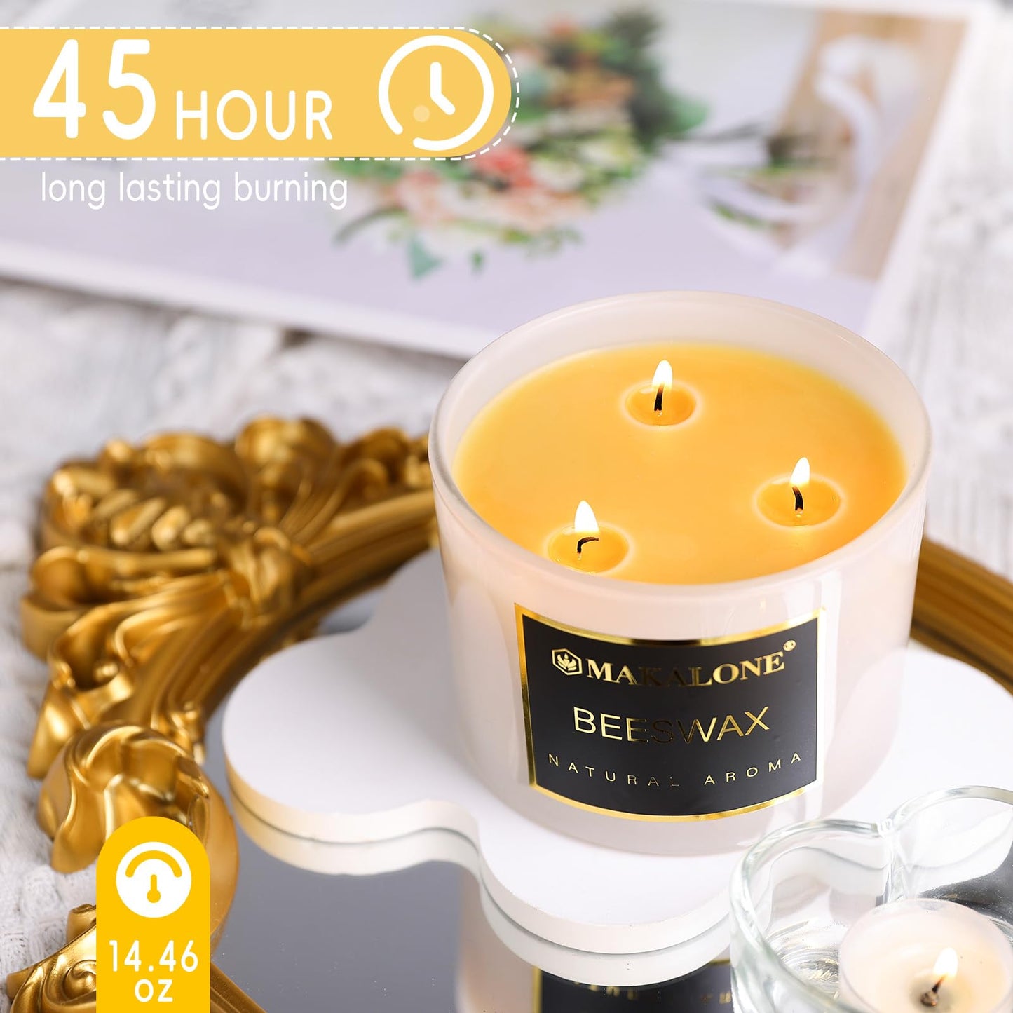 3 Wick Beeswax Jar Candle-42 H Long-Lasting Burn,Natural Air Purifying Candle,Non-Toxic,Smokeless,Natural Honey Aroma Handmade Beeswax White Jar Candles for Home,Yoga,Meditation,Sleep Aid,Ritual