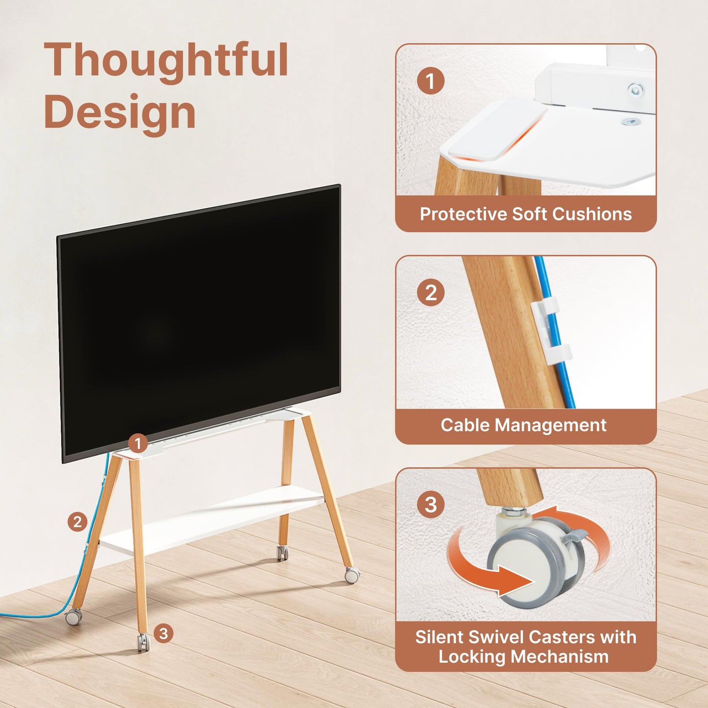 ECOTINY Rolling Easel TV Stand for 49–75 Inch TVs, Mobile TV Cart with Lockable Wheels, Cable Management, Metal Support Frame, Wooden Legs and Shelf, for Home, Office and Classroom, White