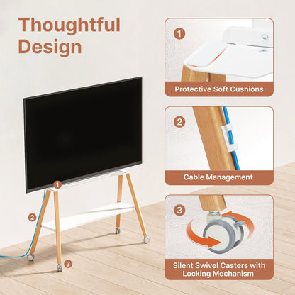 ECOTINY Rolling Easel TV Stand for 49–75 Inch TVs, Mobile TV Cart with Lockable Wheels, Cable Management, Metal Support Frame, Wooden Legs and Shelf, for Home, Office and Classroom, White