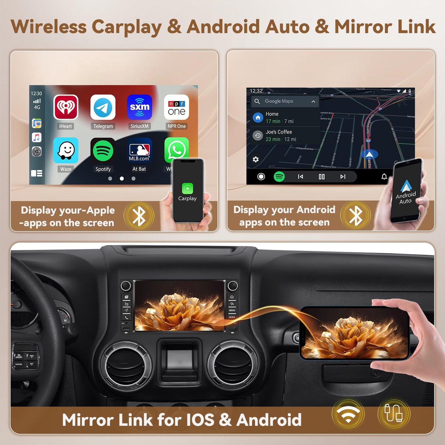 [4+128G] Android 15 Car Stereo for Jeep Wrangler 09-18/Jeep Compass 11-15, 7'' in-Cell Touchscreen Radio Wireless Carplay Android Auto 5G WiFi/Bluetooth Mirror Link GPS SWC FM/RDS/EQ Backup Cam+Mic