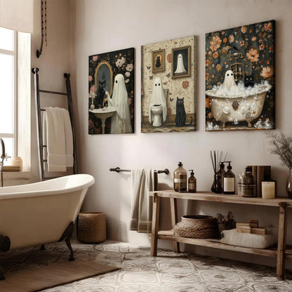 Halloween Ghost Bathroom Wall Art Set of 3, Funny Gothic Wall Decor Dark Academia Decor Pictures, Horror Ghost and Black Cat in Bathroom Poster Canvas Prints 16x24 inch Framed