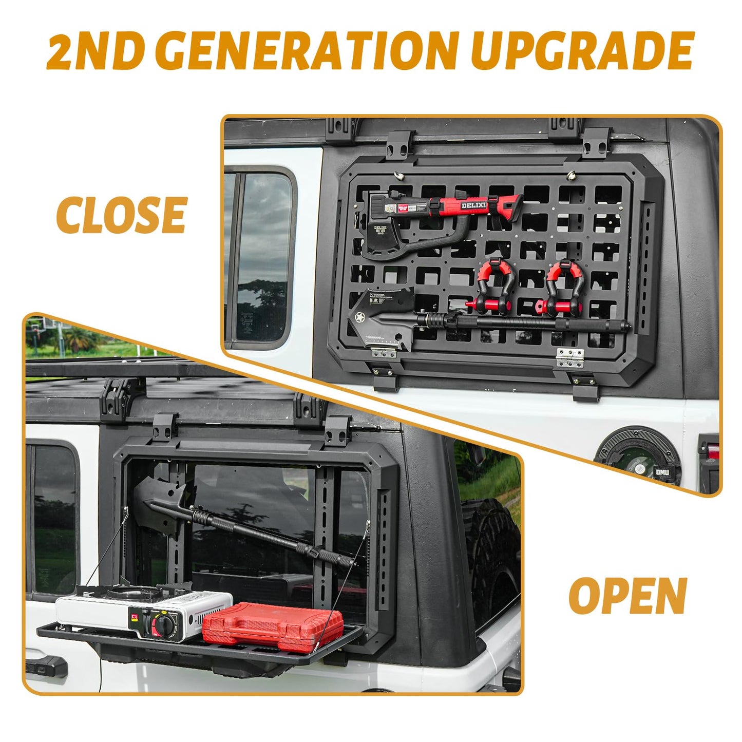 Multifunctional Rear Window Storage Table Molle Panel Kit for 2018-2024 Jeep Wrangler JL & JLU 4 doors Hardtop, Openable Design Tactical Molle Platform for Tools