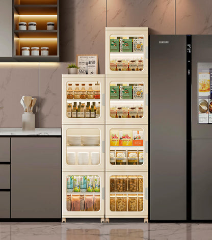 BUMODEL 4-Tier White Slim Storage Cabinet and 4-Tier Beige Slim Storage Cabinet with Doors and Adjustable Shelves
