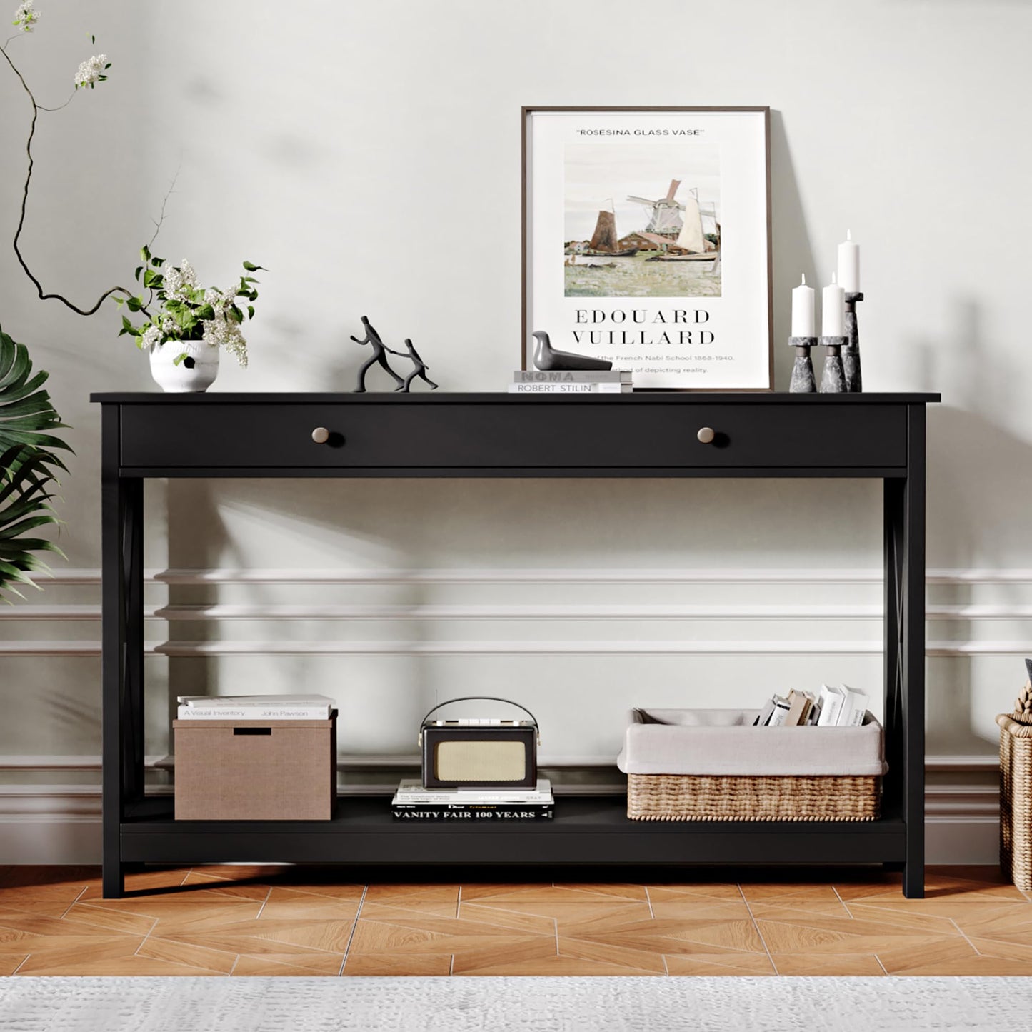 Treocho 47" Farmhouse Console Table with Drawer and Storage Shelves, Foyer Sofa Table Narrow for Entryway, Living Room, Hallway, Black