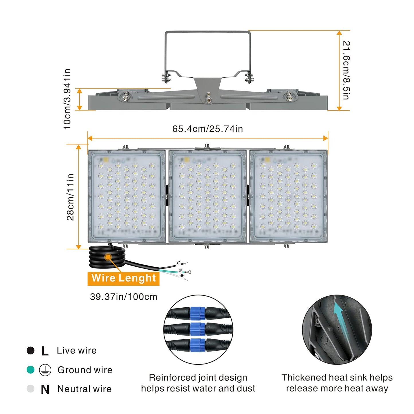 STASUN LED Flood Light Outdoor, 300W 27000lm Outdoor Lighting with 330° Lighting Angle, 5000K, 3 Adjustable Heads, IP66 Waterproof LED Exterior Security Area Lights for Yard, Stadium, Parking Lot