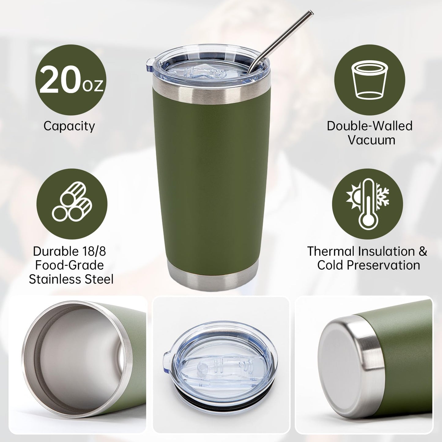 IEOVIEE 32 Pack, 20oz Stainless Steel Bulk Tumblers with Lids and Straws, Double Wall Insulated Travel Coffee Mug, Durable Powder Coated Tumbler Bulk Cup for Cold and Hot Drinks(Army Green)