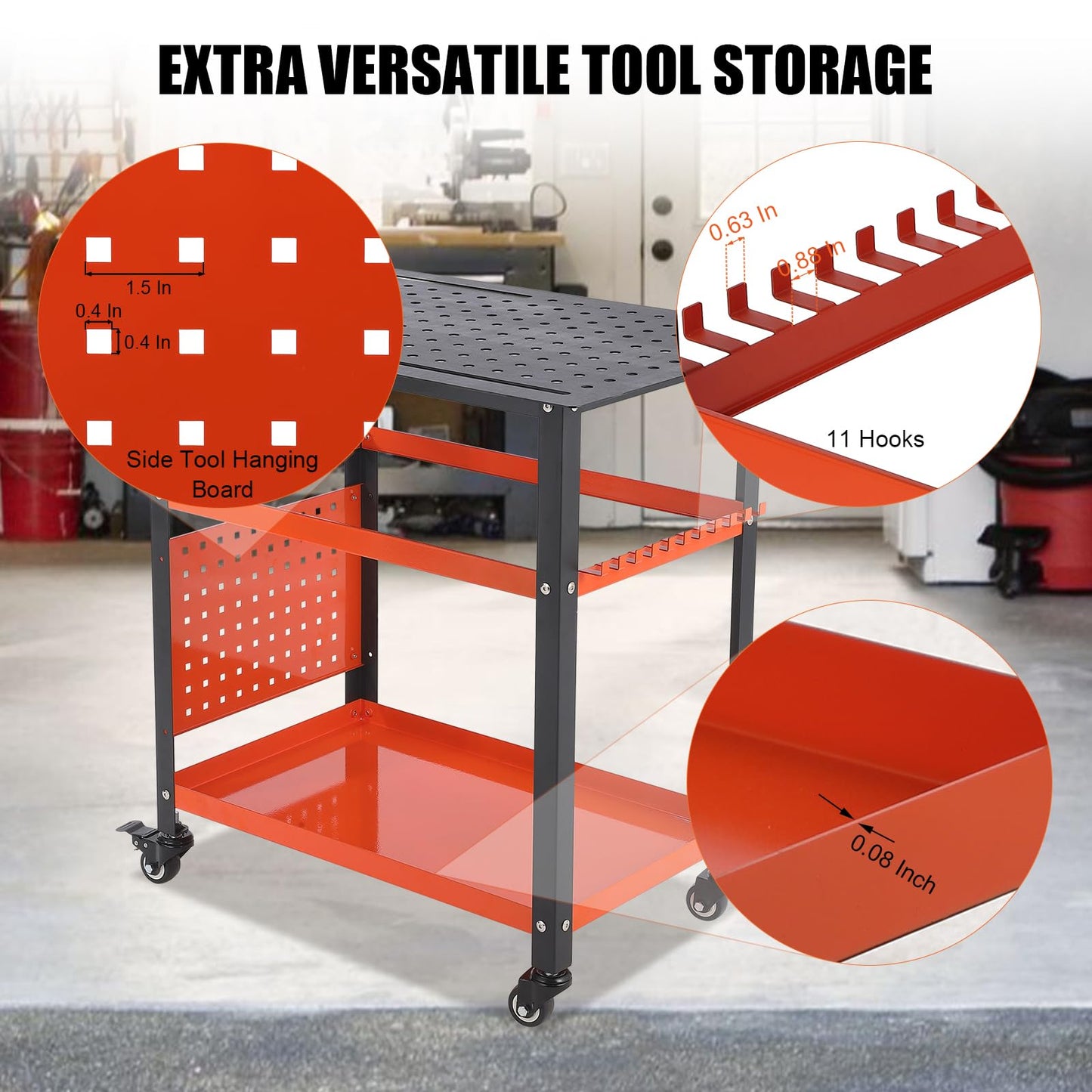GarveeLife 36"X24" Welding Table with Wheels & Storage,Professional Heavy Duty Steel Welding Bench with Pegboard, Portable Mobile Welding Table for Hobbyist Workshop Orange