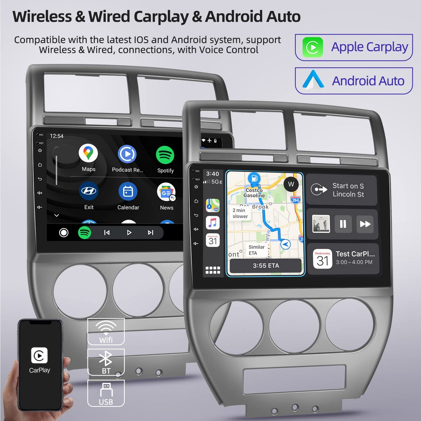 [2+64G] Android Car Stereo for Jeep Compass Patriot 2007 2008 2009 with Apple Carplay and Android Auto 10.1 inch Touchscreen Radio Bluetooth + External Microphone GPS WiFi SWC Hi-Fi Audio