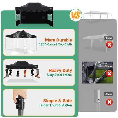 COBIZI 10x15 Heavy Duty Pop Up Canopy Tent with 4 Sidewalls Thicken Frame, Commercial Easy Up Outdoor Wedding Party Tents, All Season Waterproof Windproof with Stakes Sandbags Ropes Bag, Black