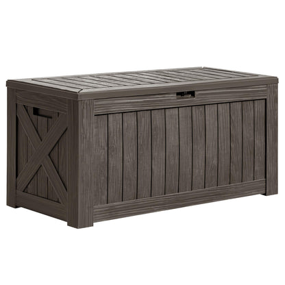 Greesum 120 Gallon Deck Box, Resin Outdoor Storage Container for Patio Furniture, Garden Tools, Pool Accessories, Weatherproof, Lockable, Brown