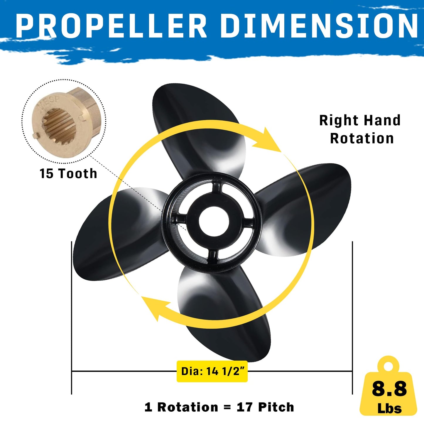 MiBarco 14 1/2 x 17(Hub Kits Included) Upgrade Aluminum Boat Propeller Fit Mercury Outboard Engines 135-300 HP Mercruiser Alpha &Bravo ONE, 4 Blades 15 Spline Tooth,14.5dia x 17pitch Prop RH