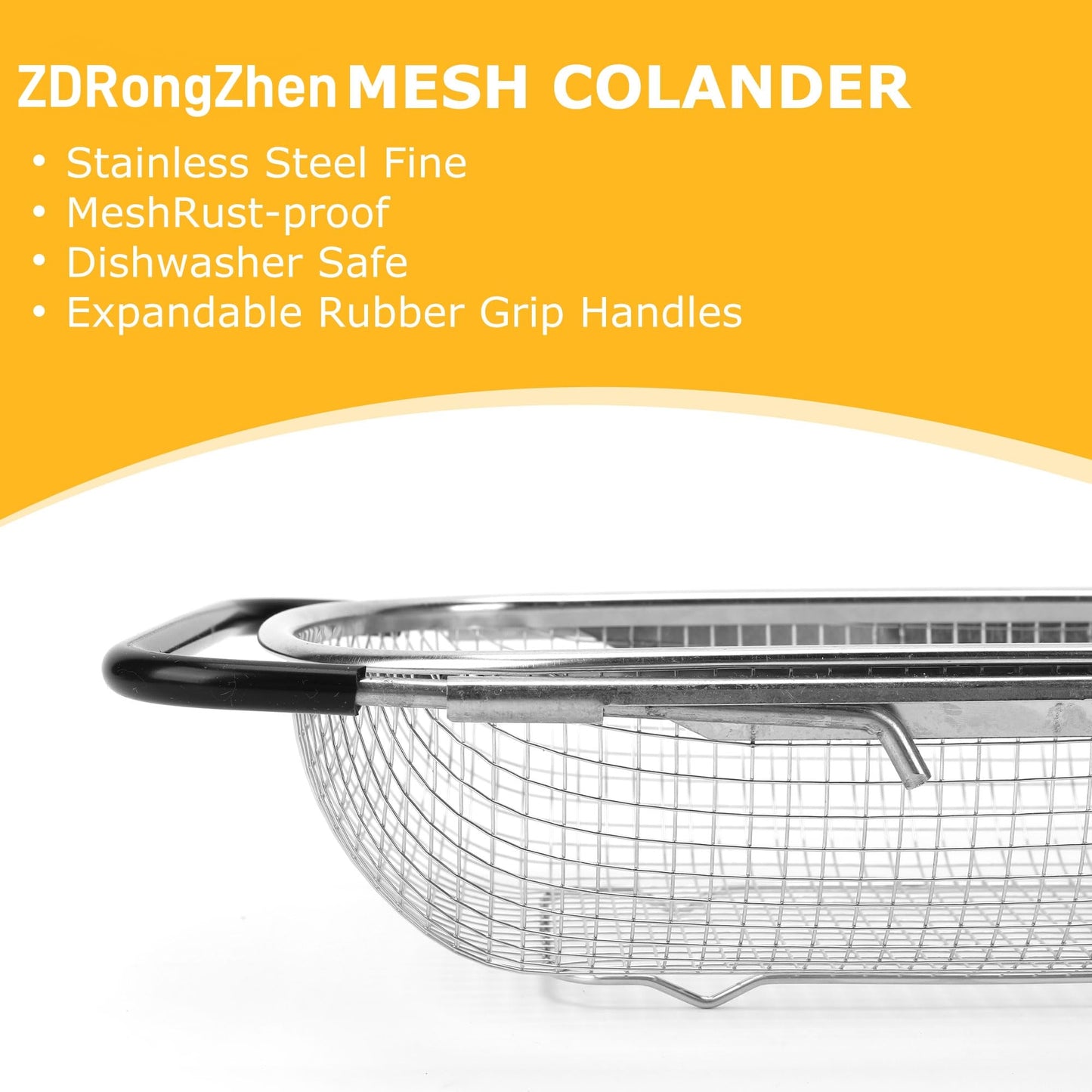 ZDRongZhen Kitchen Accessories Over the Sink Colander Strainer Basket，Stainless Steel Colander with Expandable Rubber Grip Sink Drainer-Rinse Vegetables Fruits &Strain&Drain (Large-Dense round hole)