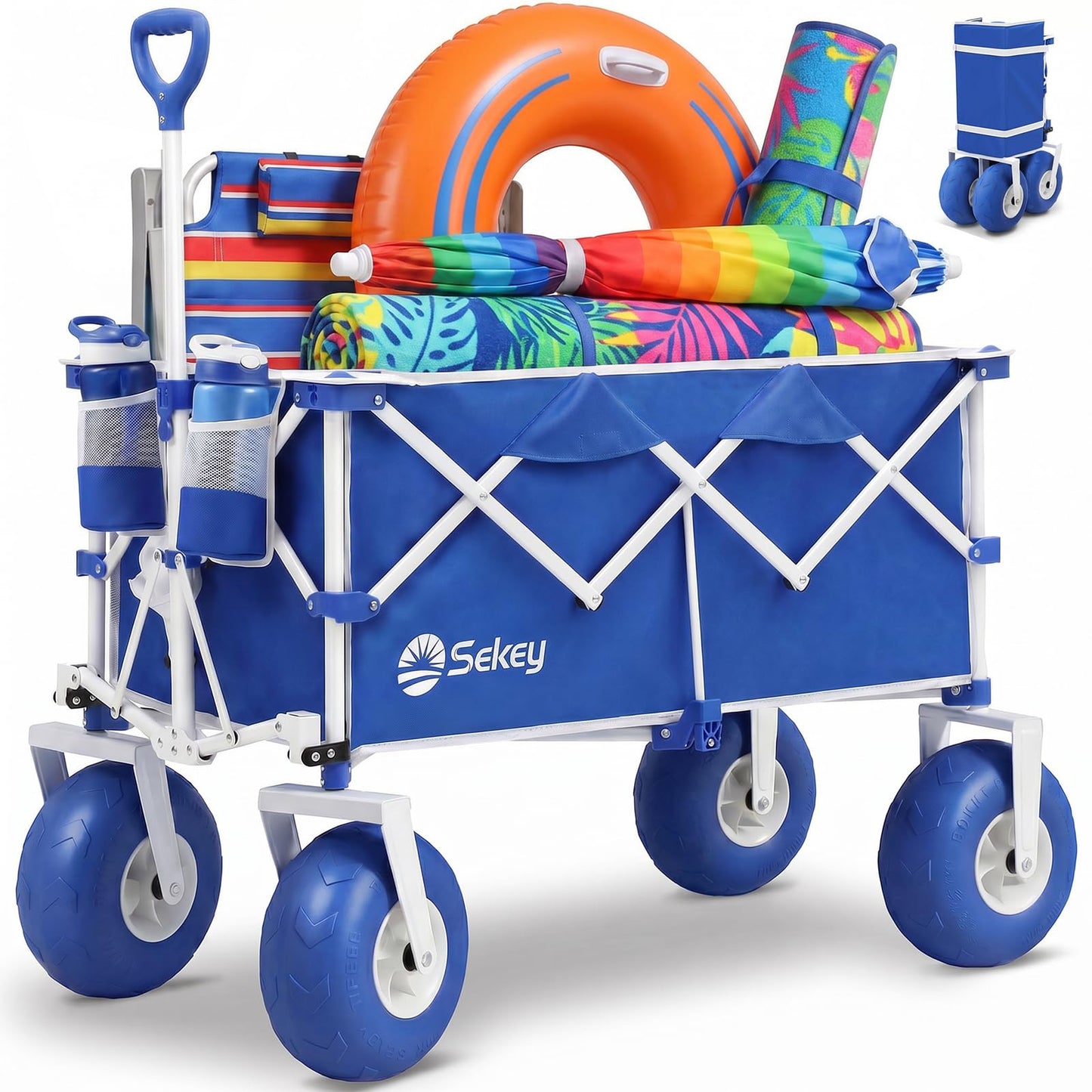 Sekey Heavy Duty Beach Wagon with 9" Wide Balloon Wheels, 600 lbs Capacity, 200L Large Foldable Wagon Cart, Adjustable Handle, All-Terrain Utility Cart for Beach Trips, Sports, and Outdoor Activities
