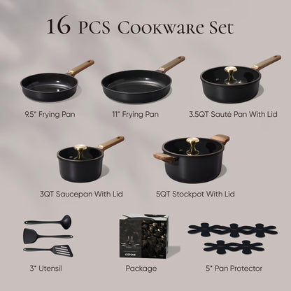 CAROTE Ceramic Cookware Set Nonstick, 16pcs Pots and Pans Set Nonstick, Non-Toxic & PFAS-Free, Dishwasher, RV/Camping Cookware Set, Cooking Pots with Lids, Charcoal Black