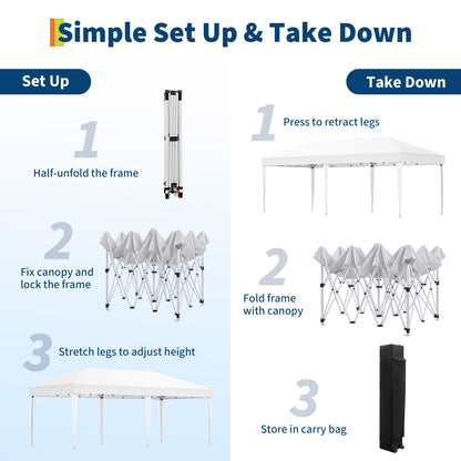 Outdoor Canopy Tent, 10x20 Pop Up Canopy with Carry Bag, 3 Adjustable Heights, Easy Set Up Tent, Heavy Duty Portable Shelter for Parties, Beach, Outdoor, White