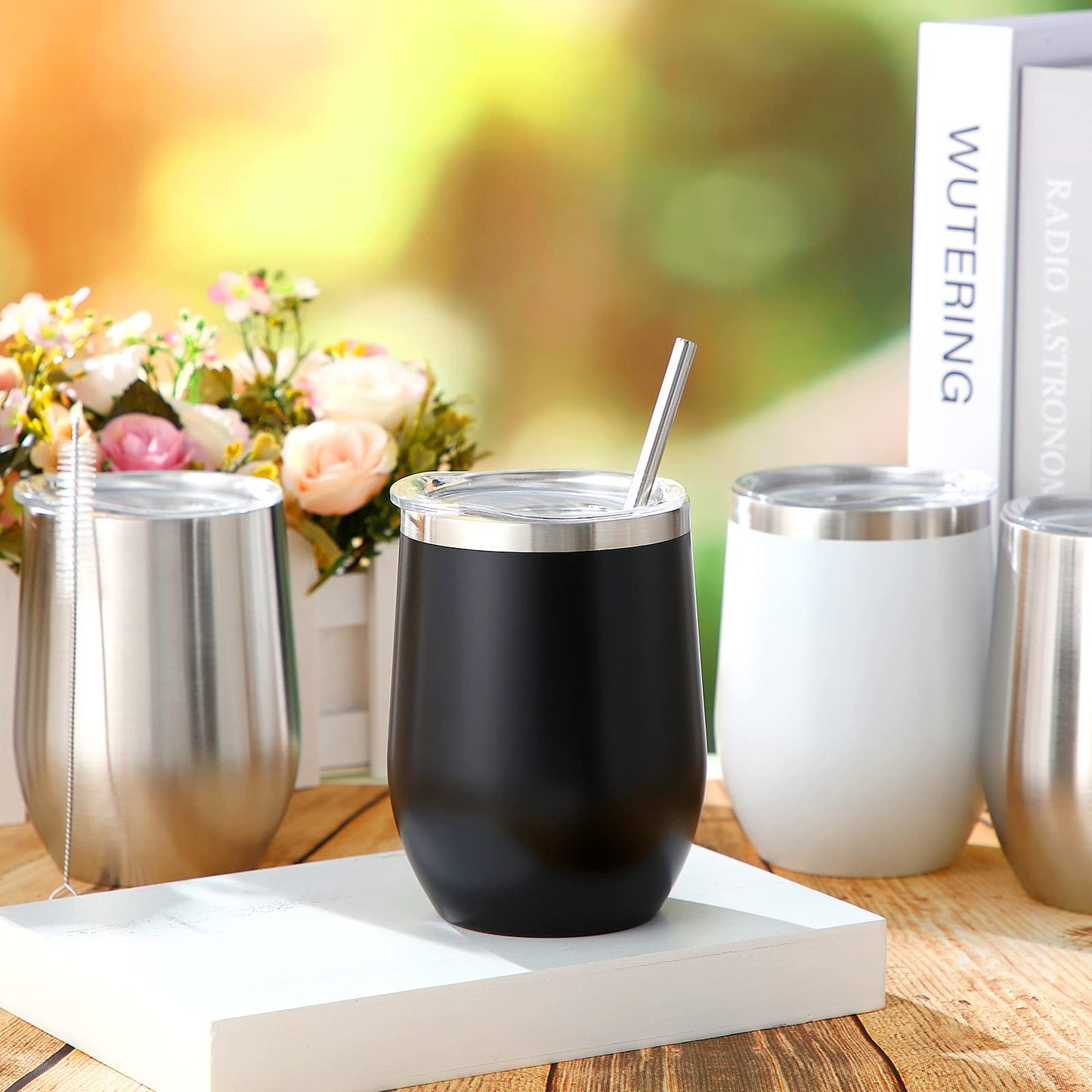 Sieral 40 Pack Insulated Wine Tumblers Bulk 12oz Stainless Steel Wine Cups with Lids & Straws, Double Wall Vacuum Coffee Tumbler for Wedding Party, Employee Teacher Nurse Gifts(Black, White, Silver)