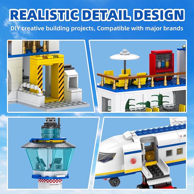 880 Pcs City Airport Passenger Terminal Building Set 6 IN 1 Airplane Building Blocks Toy STEM Aircraft Bricks with Shuttle BusLuggage CartPlanes Model Toys Gifts for Adults Boys Ages 6-12+