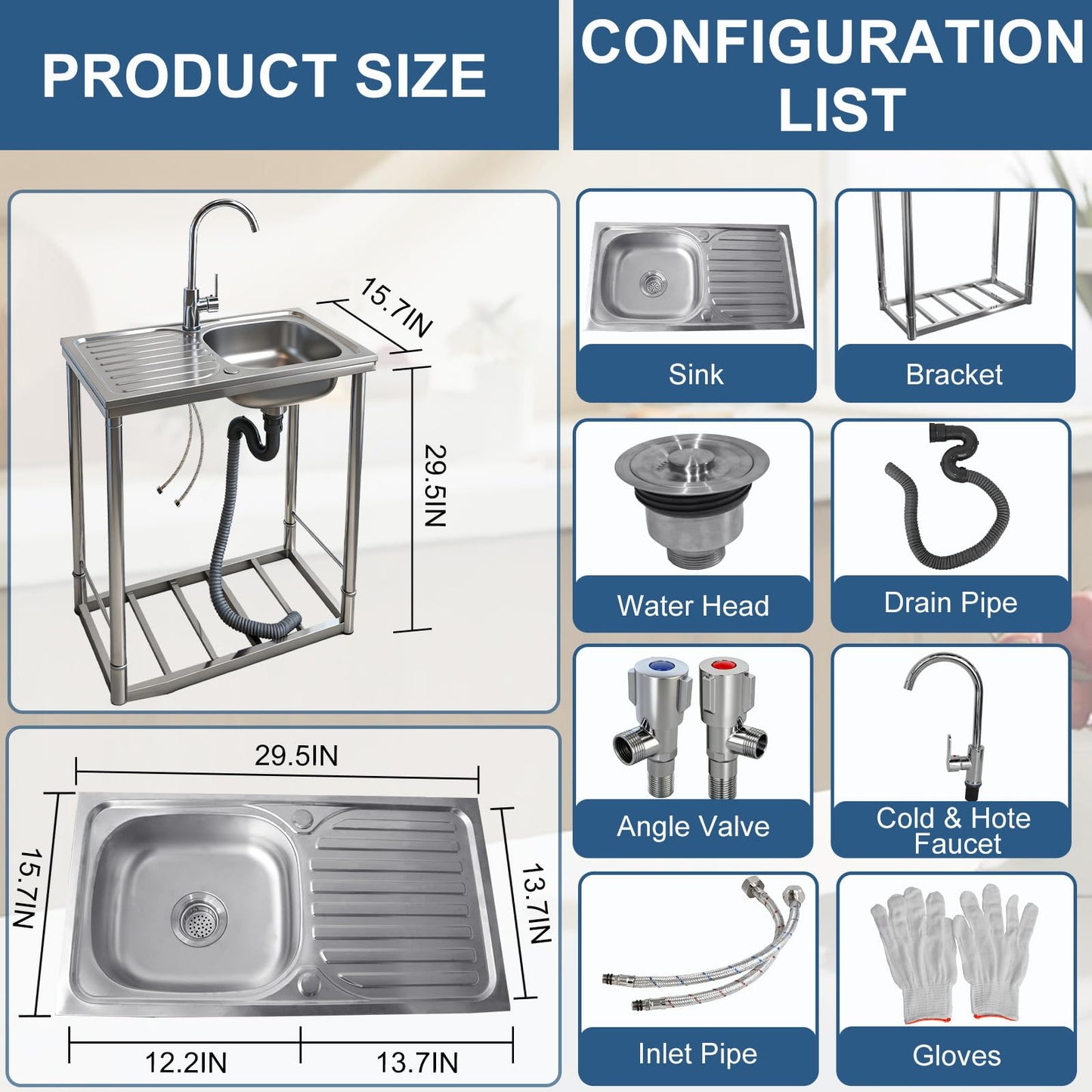 Outdoor Sink with Hose Hook Up, Free Standing Stainless Steel Utility Sink, Single Bowl Portable Sink Hand Wash Station for Camping, Backyard, Garden, Kitchen, Garage
