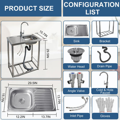 Outdoor Sink with Hose Hook Up, Free Standing Stainless Steel Utility Sink, Single Bowl Portable Sink Hand Wash Station for Camping, Backyard, Garden, Kitchen, Garage