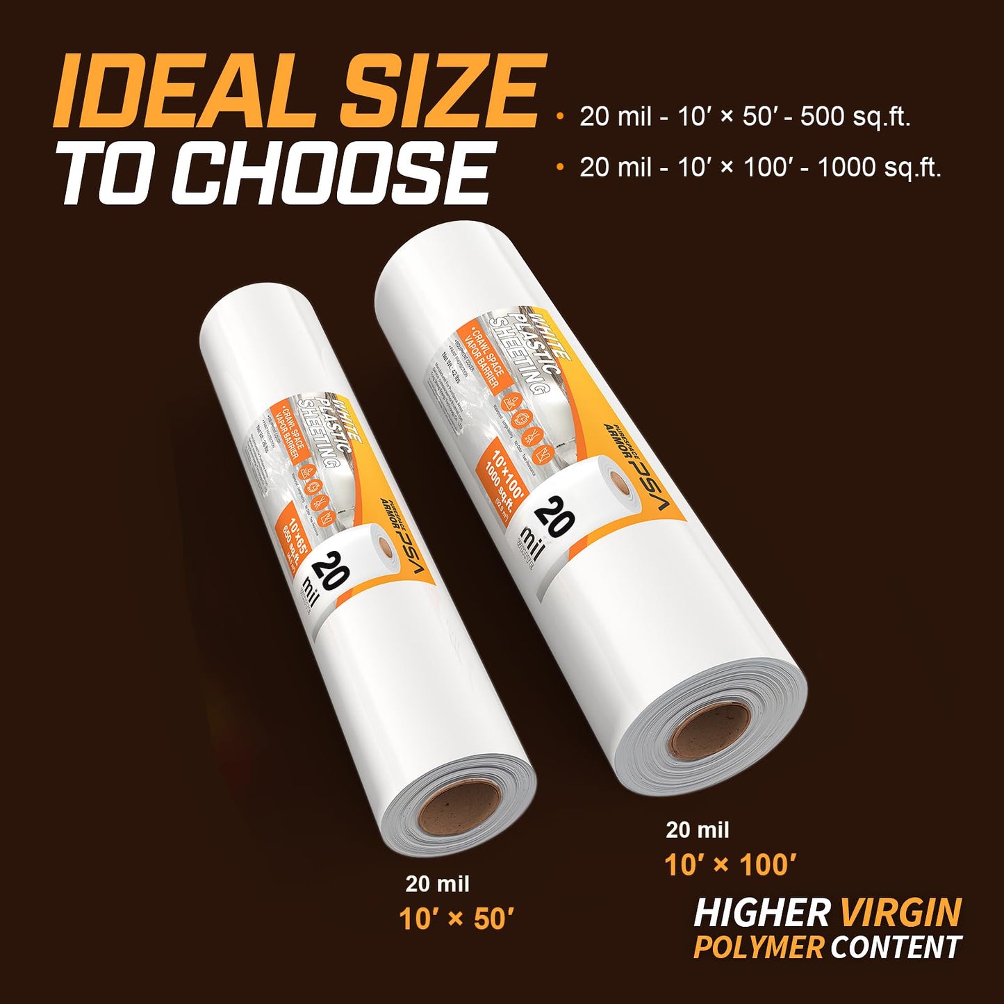 Crawl Space Vapor Barrier, 20 Mil Vapor Barrier, 10'x100', White Plastic Sheeting - Thick Plastic Sheeting, Heavy Duty Polyethylene Film, Drop Cloth Vapor Barrier Covering for Crawl Space, Basement