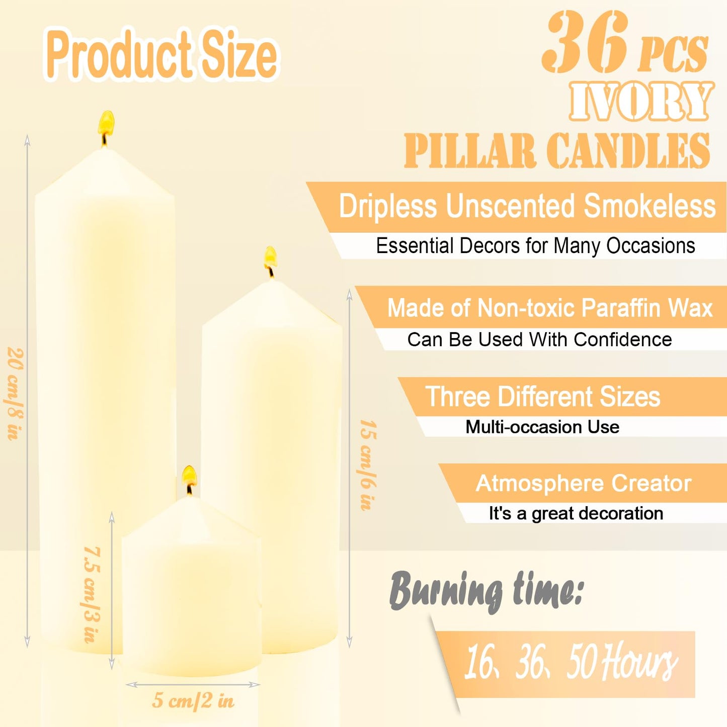 Veiuwa 36 Pcs Ivory Pillar Candles Bulk Set，2x3 2x6 2x8 Inch - 12 Each Size，Hurricane Candles，Dripless Unscented Smokeless，Gives You a Better Atmosphere When Organizing Wedding or Event Party.