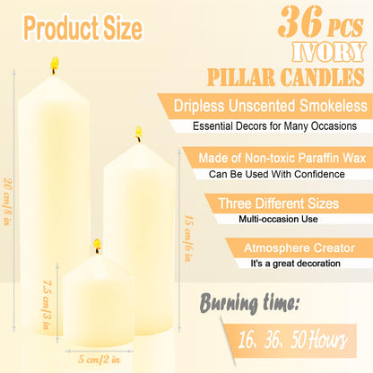 Veiuwa 36 Pcs Ivory Pillar Candles Bulk Set，2x3 2x6 2x8 Inch - 12 Each Size，Hurricane Candles，Dripless Unscented Smokeless，Gives You a Better Atmosphere When Organizing Wedding or Event Party.
