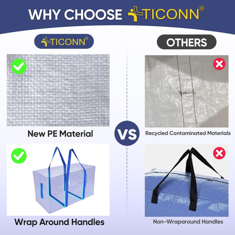 TICONN 2 Pack Extra Large Moving Bags Heavy Duty with Zippers & Carrying Handles, Durable Storage Bags Moving Boxes for Closet Organizers and Storage (2 Pack, Light Grey)