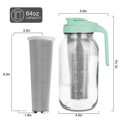 Cold Brew Coffee Maker，64 oz Wide Mouth Mason Jar Pitcher with Stainless Steel Filter, Pour Spout Handle Lid, Heavy Duty Glass Airtight & Leak-Proof for Iced Coffee Tea & Lemonade-Green