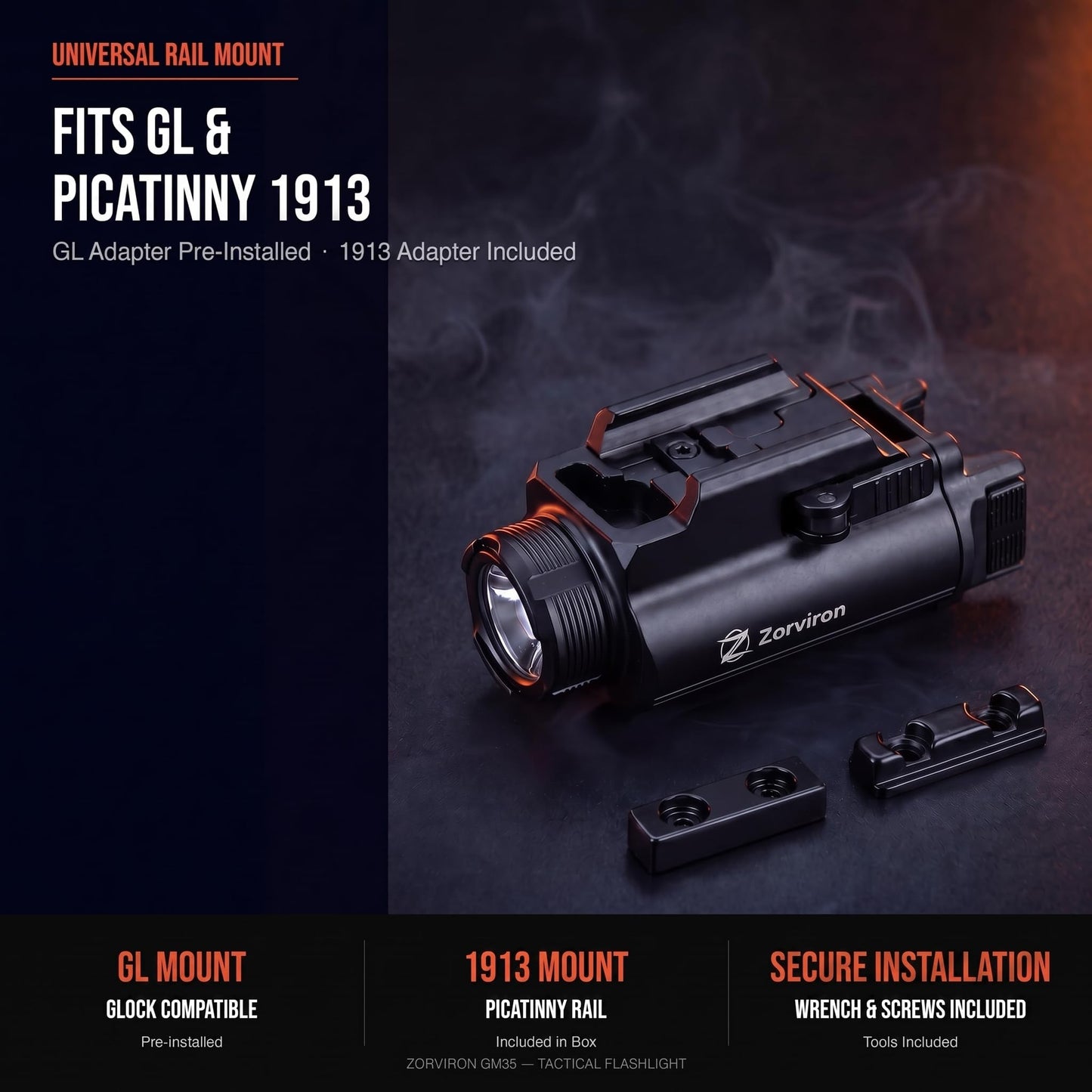 Zorviron GM35 Tactical Flashlight, USB-C Rechargeable,1350 Lumen Rail Mounted Light, FL1 198m Throw, Ambidextrous Dual Switch, Lockout Mode, Fits Glock 17/19/22/23 GL & 1913 Picatinny, IP65