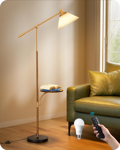 EDISHINE 68in Arc Floor Lamp, Vintage Standing Lamp with Beige Shade, Remote Dimmable Bulb, Walnut Wood Grain, Model HFLEF1