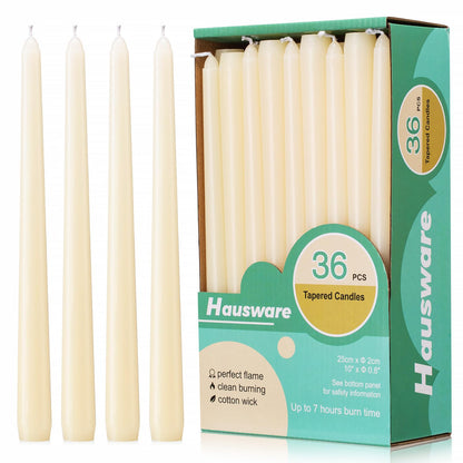 Hausware 36 Pack Taper Candles, 8 Hour Burn Time,Unscented Dripless and Smokeless, 10 inch Elegant Premium Quality Dinner Candle for Home Décor, Restaurant, Wedding, Party Candlesticks (Ivory)