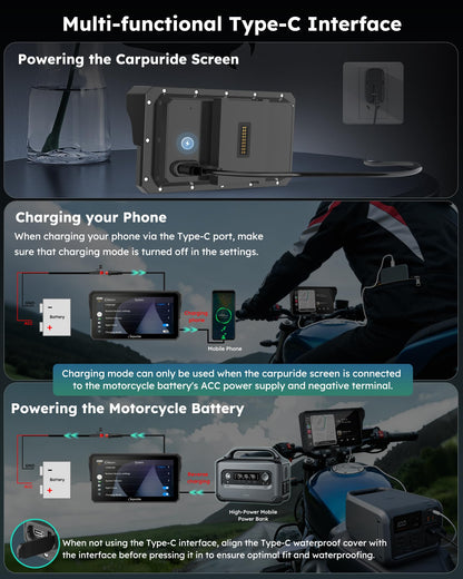 Carpuride Motorcycle Carplay with Type-C Port & TPMS, 6.25" Wireless Car Play & Android Auto GPS Navigation Moto Screen with Wired Controller, IP67 Waterproof, OTA, Dual Bluetooth, Intercom,Play Music