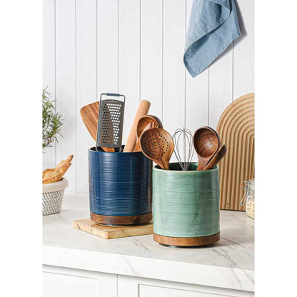 MIKIGEY Utensil Holder, 360° Rotating Extra Large Ceramic Kitchen Utensil Holder for Countertop, 7.3“ Cooking Utensil Crocks for Kitchen Counter with Rotatable Wooden Base, Farmhouse Decor, Dark Blue