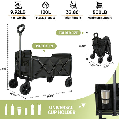 QEZER Foldable Wagon Cart, Collapsible Utility Wagon with All Terrain Wheels, Portable Folding Cart for Camping Garden Shopping Grocery Sports (Black, 120L)