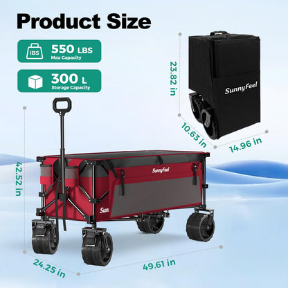 SUNNYFEEL 49" L Foldable Wagon Cart with Big Wheels - 550lbs Heavy Duty Extra Long Collapsible Shopping Cart - Utility Grocery Wagon for Garden Sports Camping Outdoor Activities (Red)