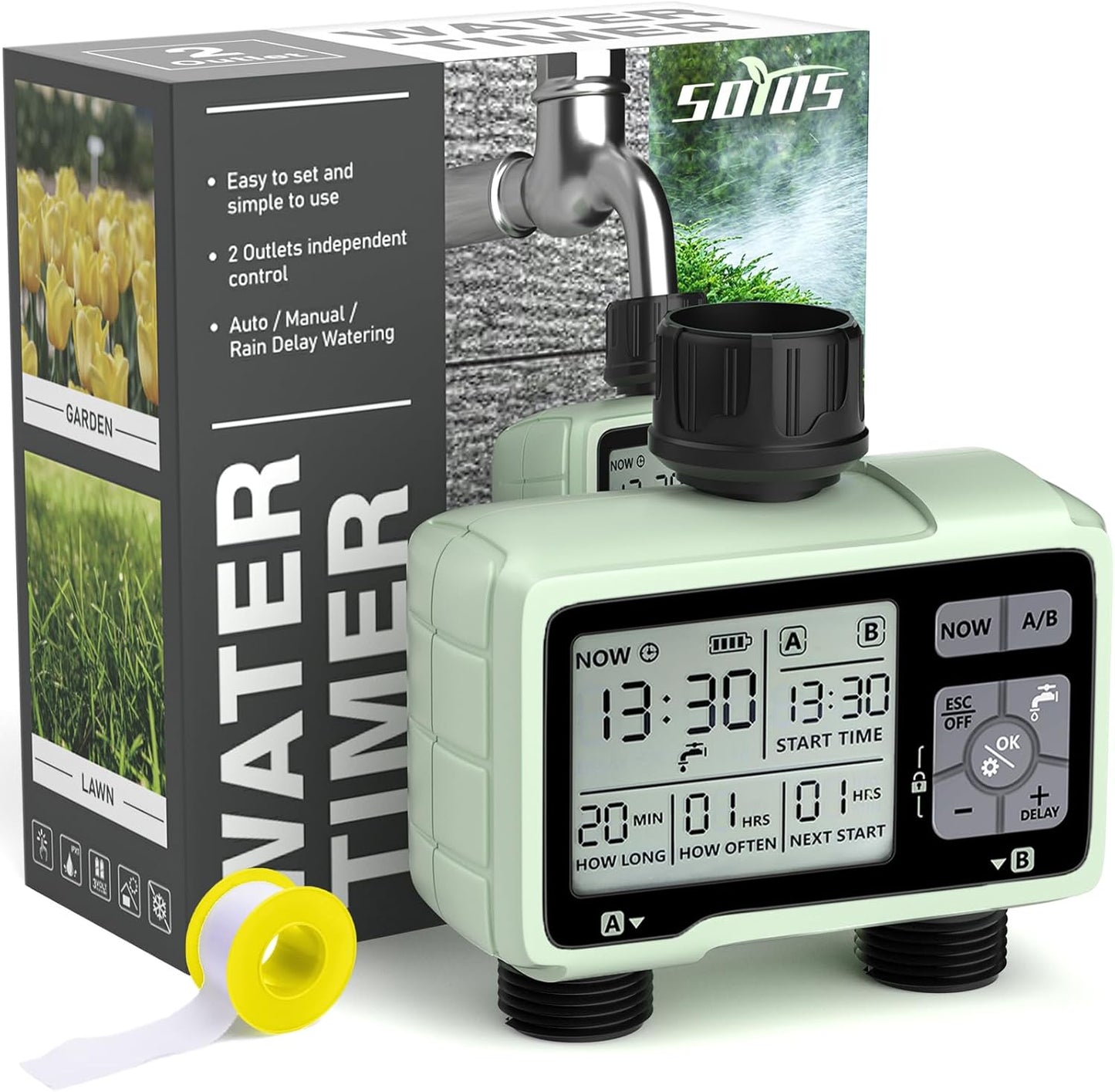 SOYUS Programmable Garden Hose Timer - Waterproof Digital Irrigation System with Rain Delay | 2 Outlets