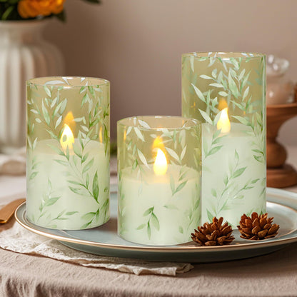 Immeiscent Glass Flameless Candles Green Decor Willow Leaves Vines Greenery Battery Operated LED Pillar Candles for Elegant Home Botanical Decor Special Occasions, Set of 3